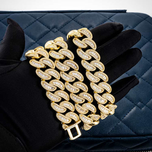 Moissanite yellow gold iced out baguette miami cuban link chain necklace hand
