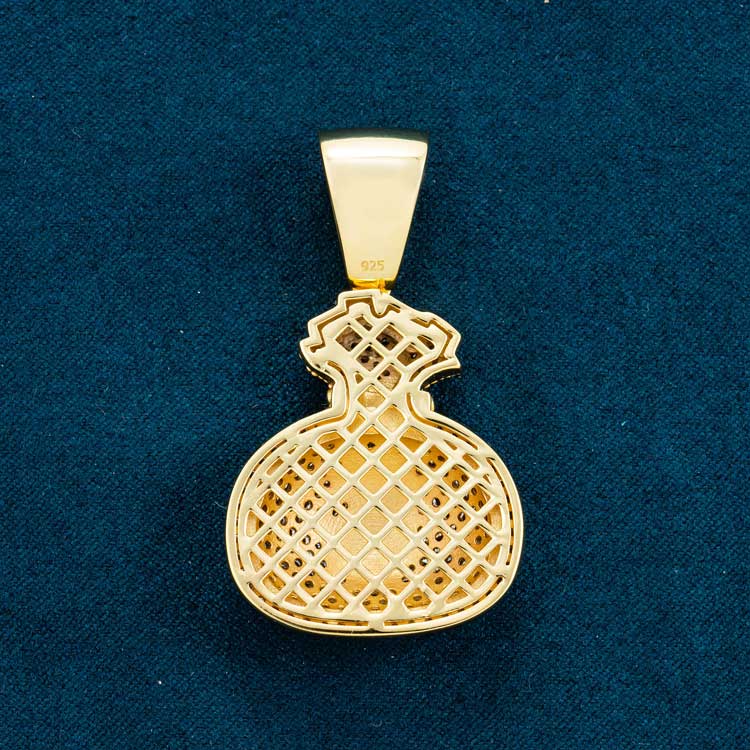 money bag moissanite hip hop iced out yellow gold sterling silver pendant back