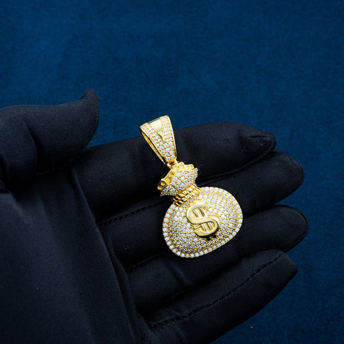 money bag moissanite hip hop iced out yellow gold sterling silver pendant hand