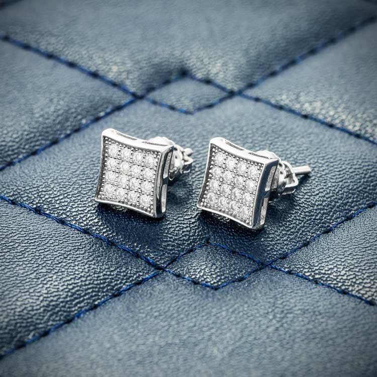 Square Moissanite diamonds stud earrings iced out screw back sideways