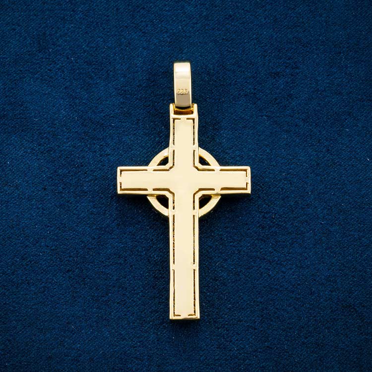 yellow gold celtic cross moissanite pendant baguette back
