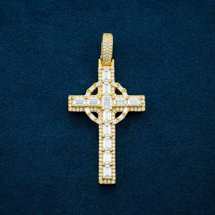 yellow gold celtic cross moissanite pendant baguette front