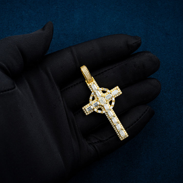 yellow gold celtic cross moissanite pendant baguette hand