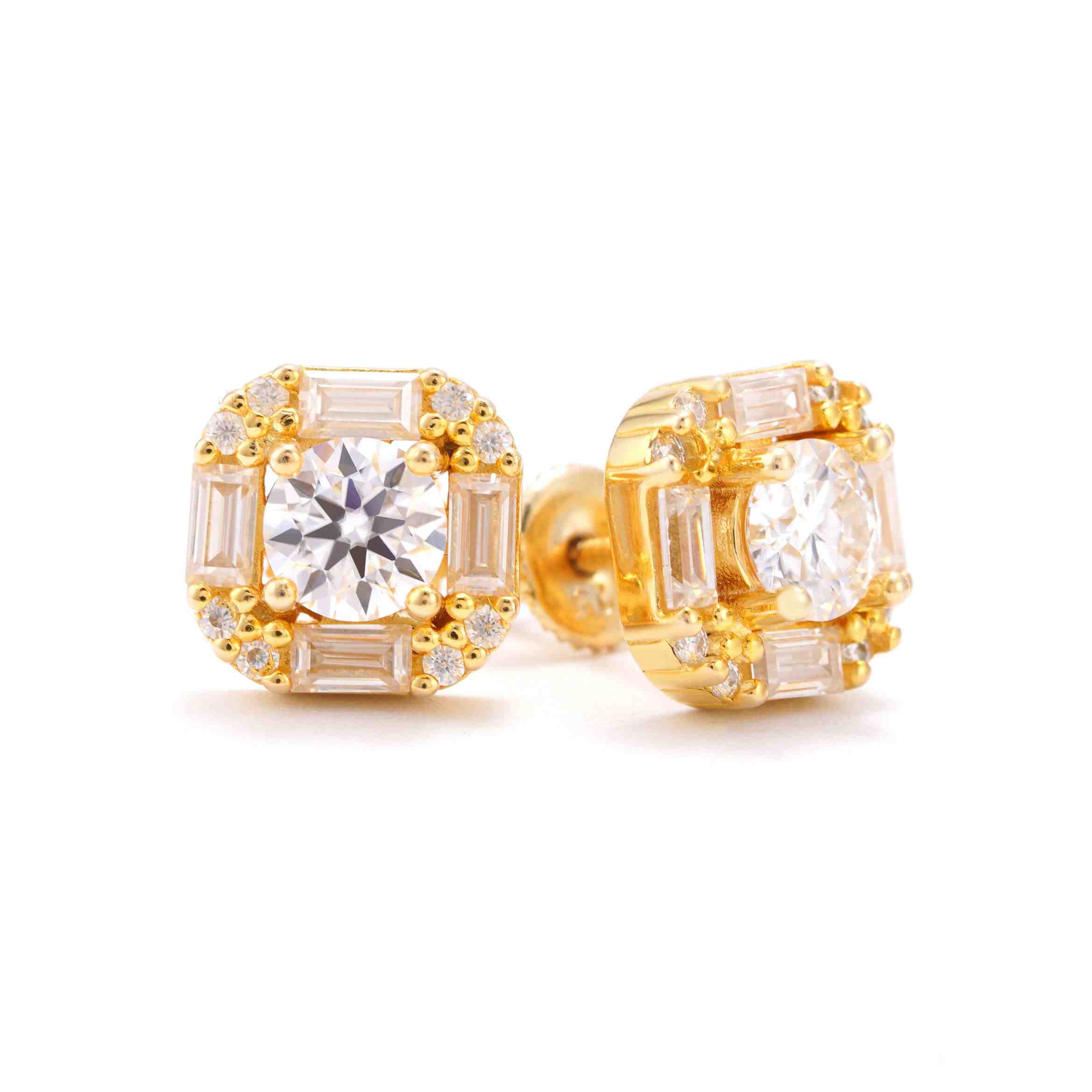 10MM Baguette Halo Moissanite Earrings 14K Gold 1