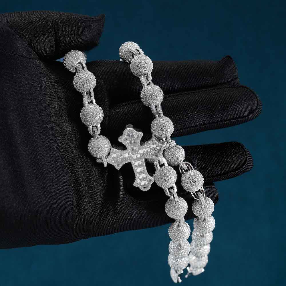 10MM Moissanite baguette cross beads link chain hand