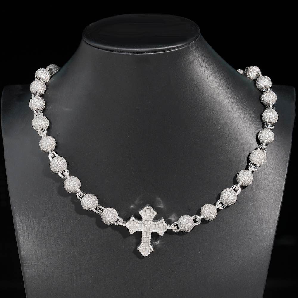 10MM Moissanite baguette cross beads link chain neck
