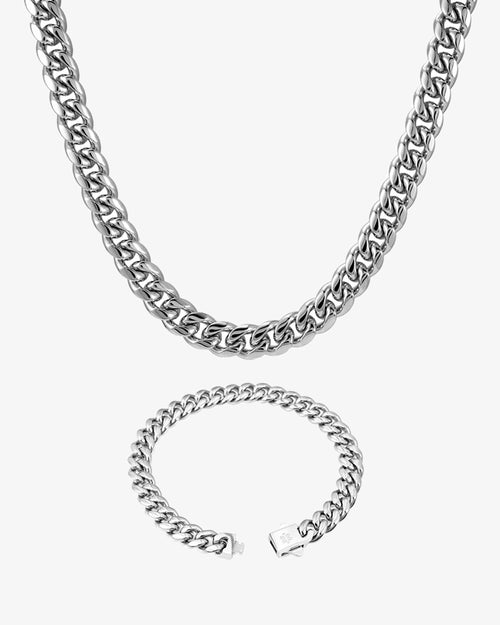 10mm cuban link chain and bracelet bundle silver px