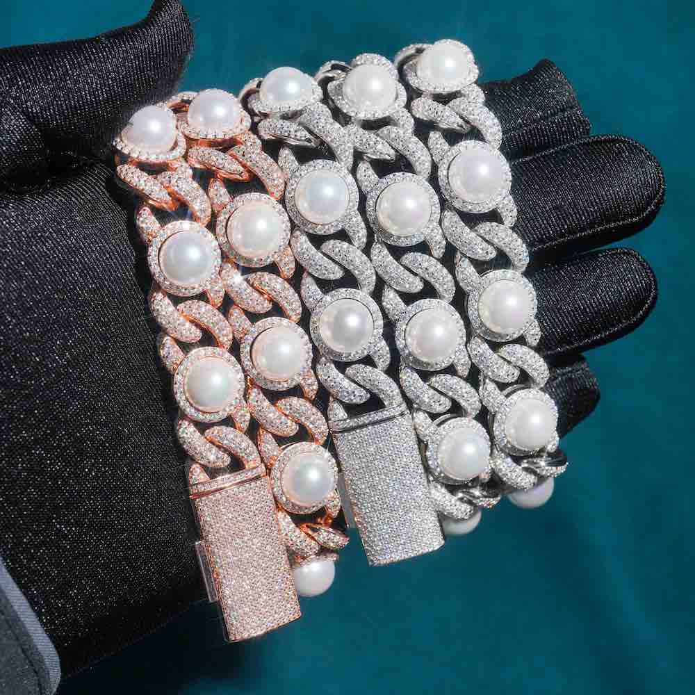 10mm perle glacée diamant chaîne à maillons cubains main fermée