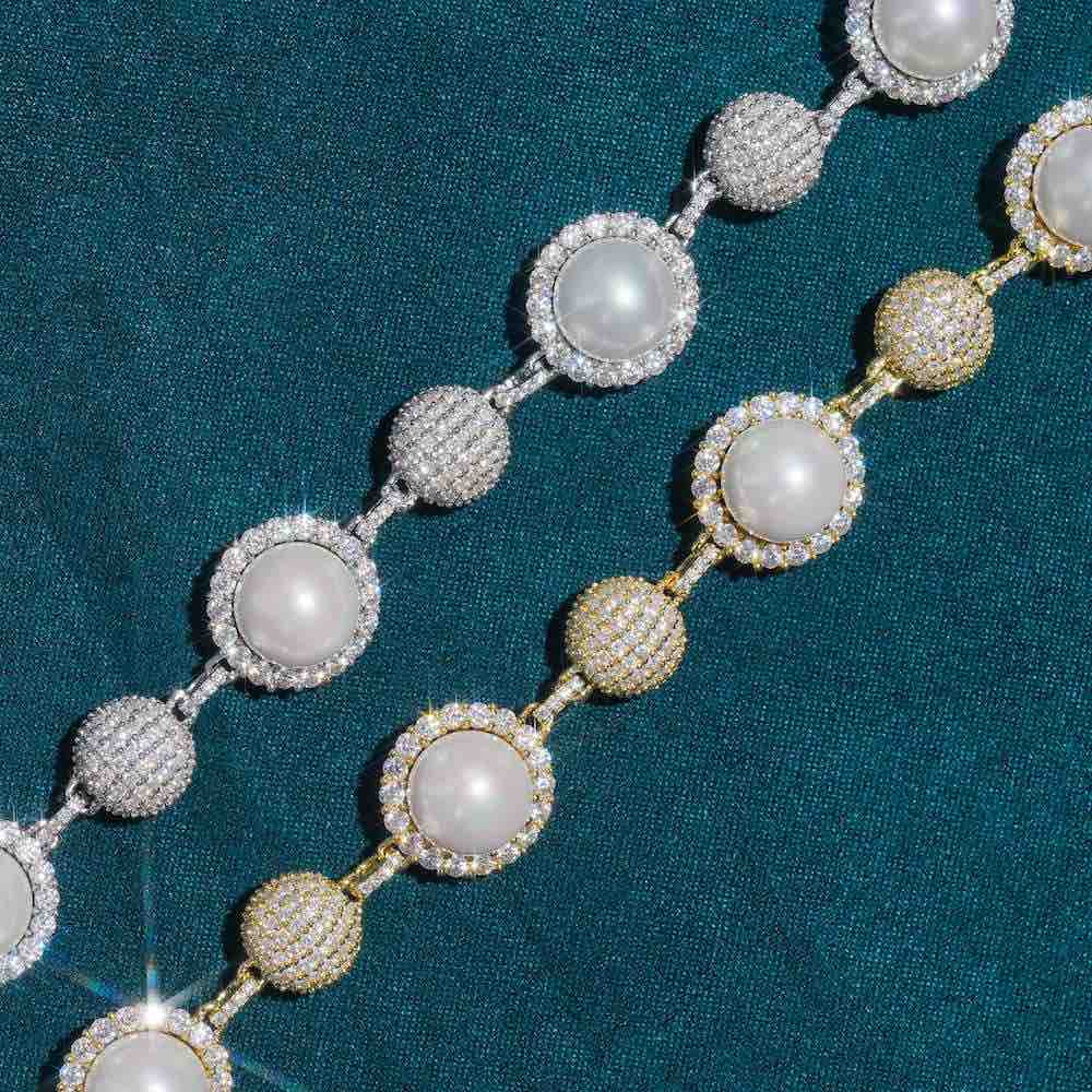 10mm moissanite ball link pearl chain closeup