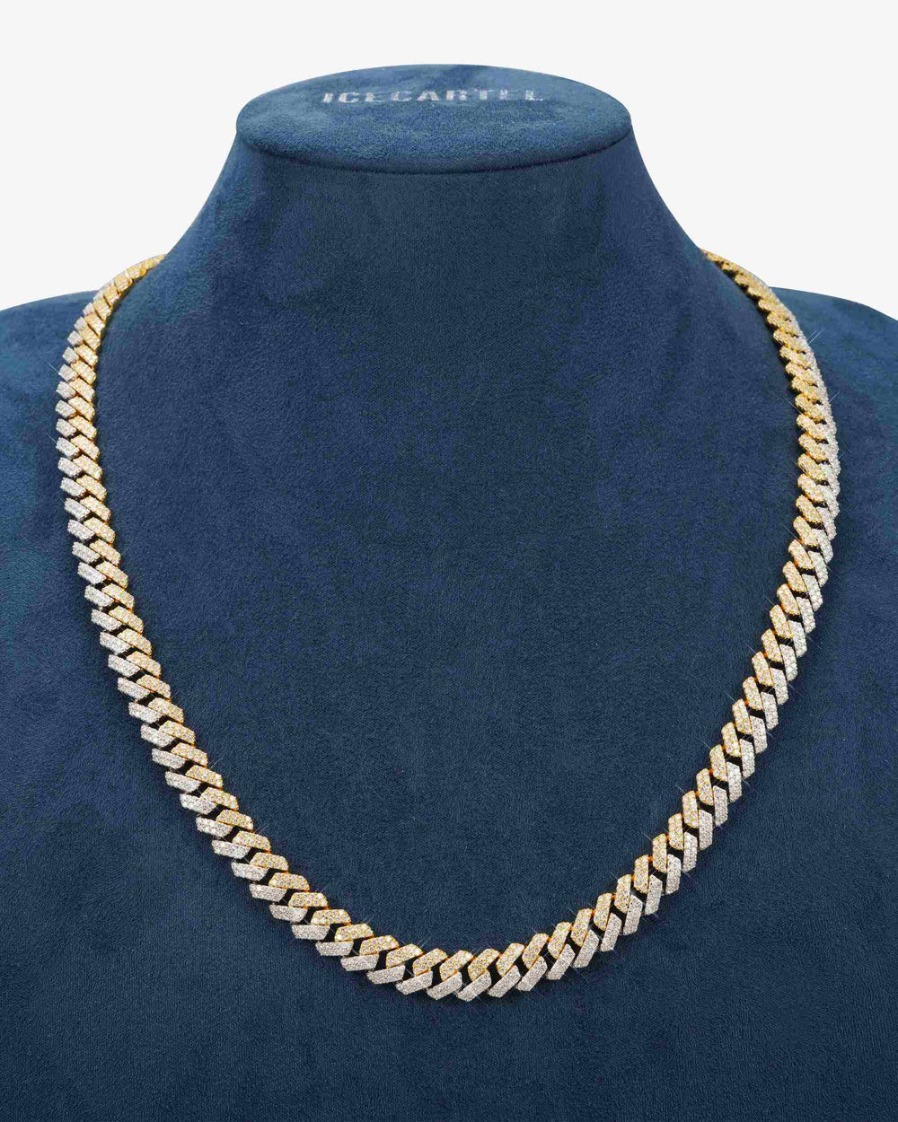 10mm split two tone moissanite cuban link chain 14k gold icecartel display