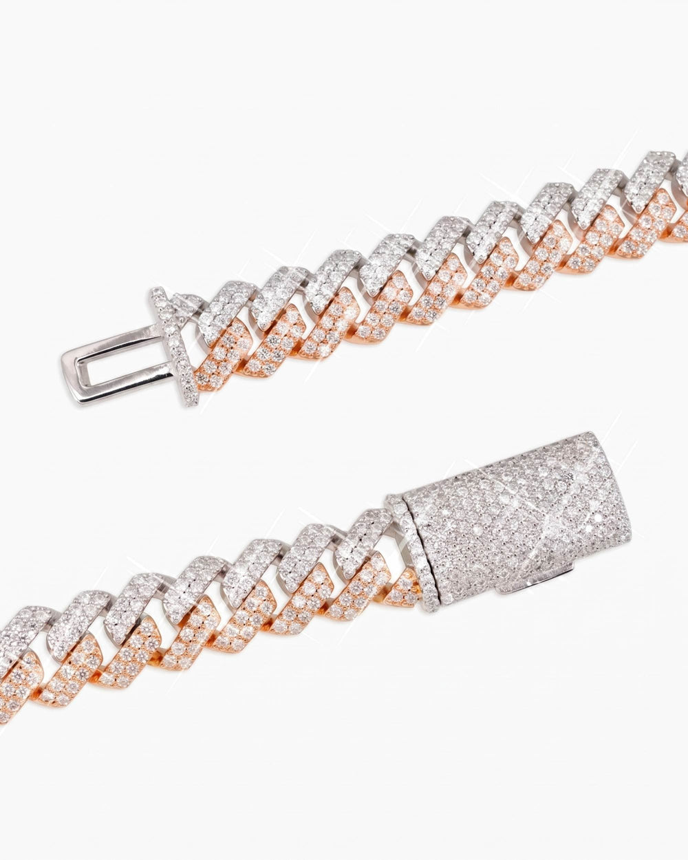10MM Split Two Tone Moissanite Cuban Link Chain 14K Gold - White & Rose Gold