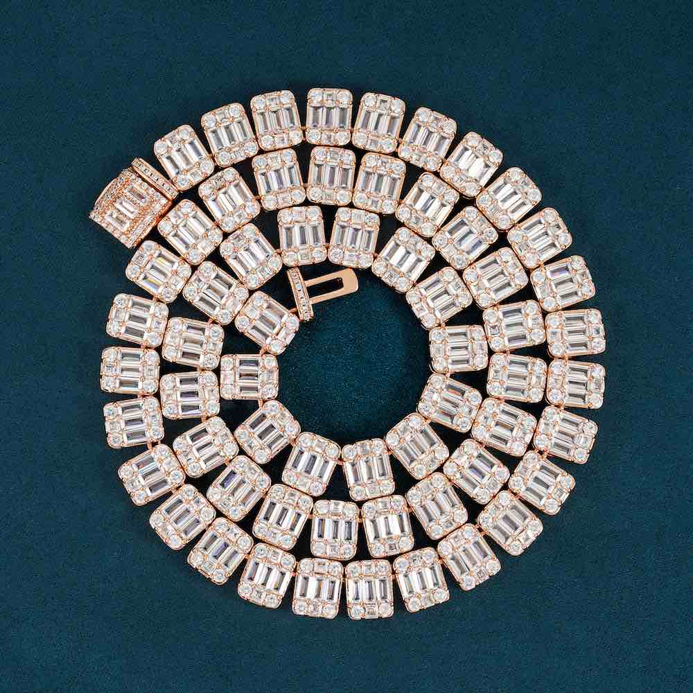 11MM Moissanite Clustered Baguette Tennis Chain 14K Gold