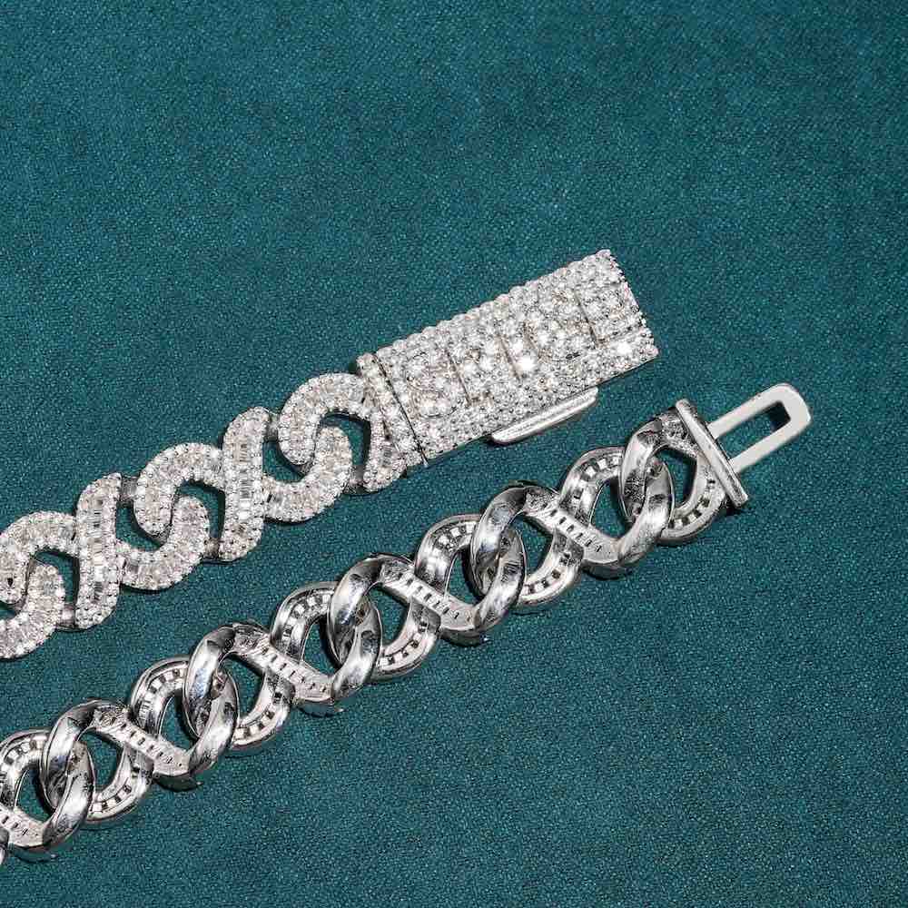 12MM iced out infinity link baguette chain closeup clasp