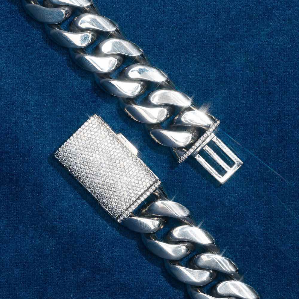 14mm cuban link bracelet 14k white gold silver clasp