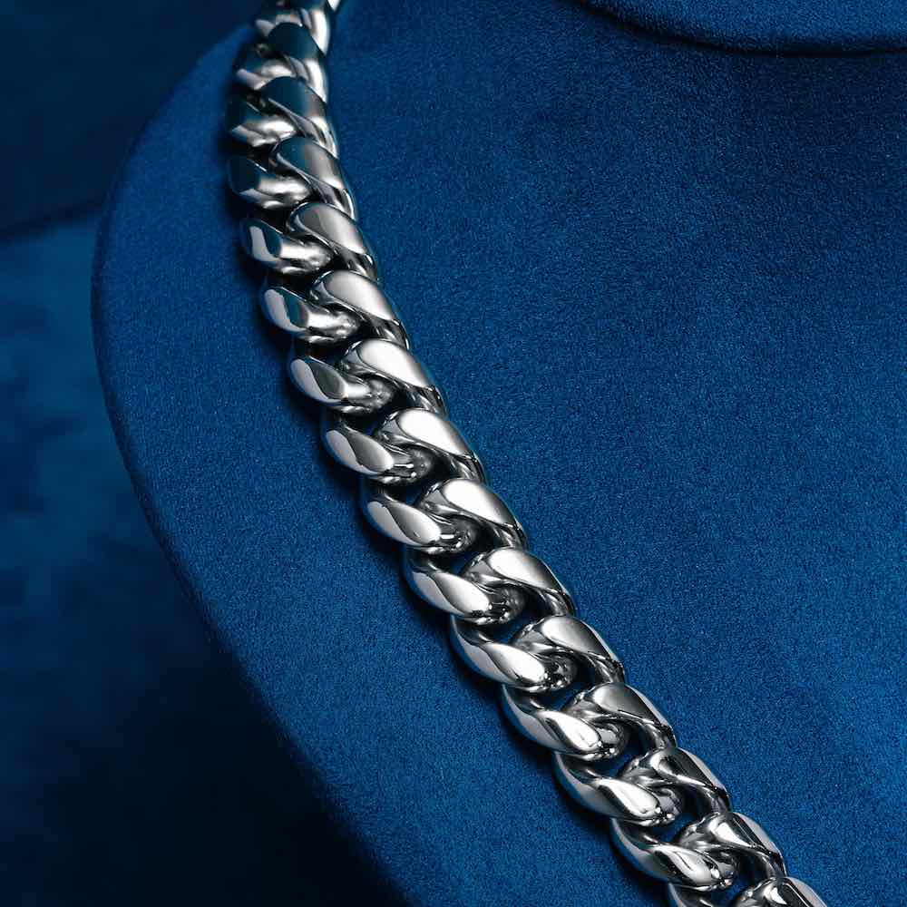 12MM Cuban Link Chain Silver White Gold close up