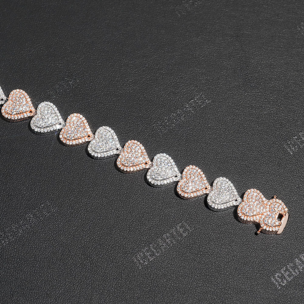 13mm iced out two tone heart tennis bracelet 14k gold closeup