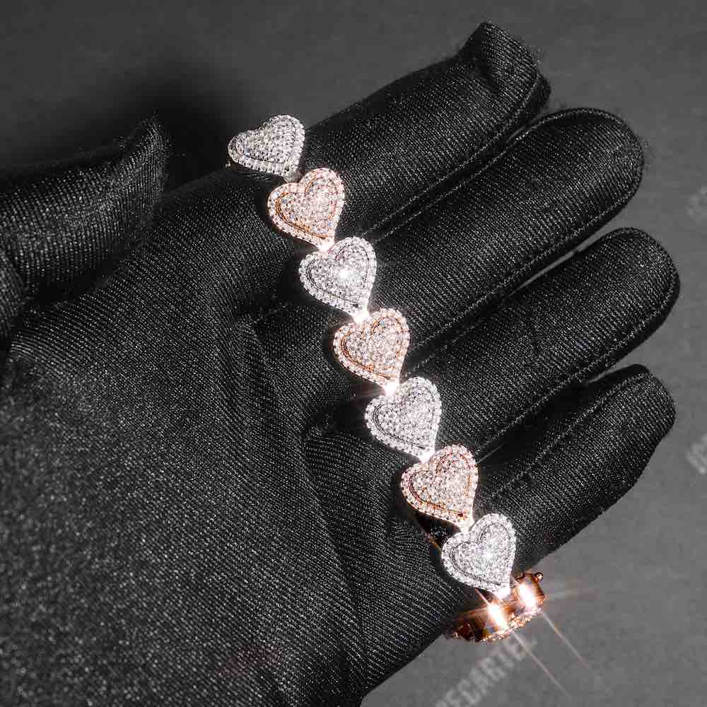13mm iced out two tone heart tennis bracelet 14k gold hand
