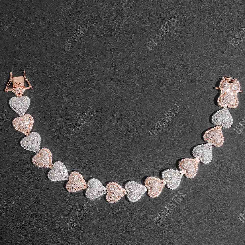 13mm iced out two tone heart tennis bracelet 14k gold