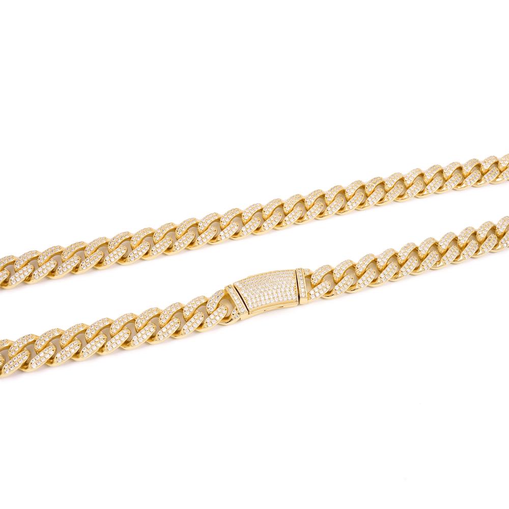 14MM 2-Row Diamond Cuban Link Chain 14K Solid Yellow Gold