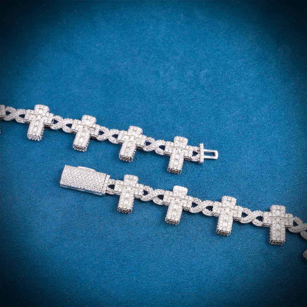 15MM Iced Out Cross Infinity Link Chain 14K Gold Clasp