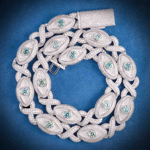 15MM Iced Out Blue Gemstone Evil Eye Eternity Chain 14K Gold Closeup