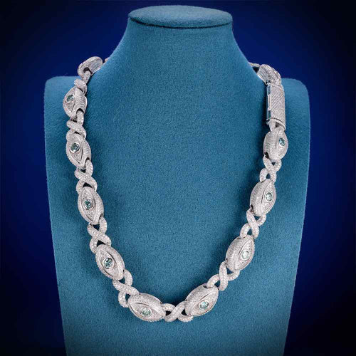 15MM Iced Out Blue Gemstone Evil Eye Eternity Chain 14K Gold Neck
