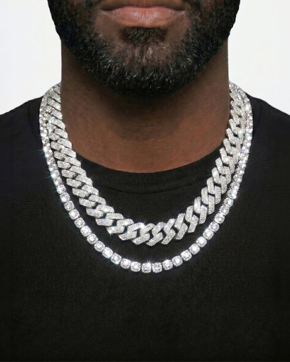 White Gold Cuban Chain Set