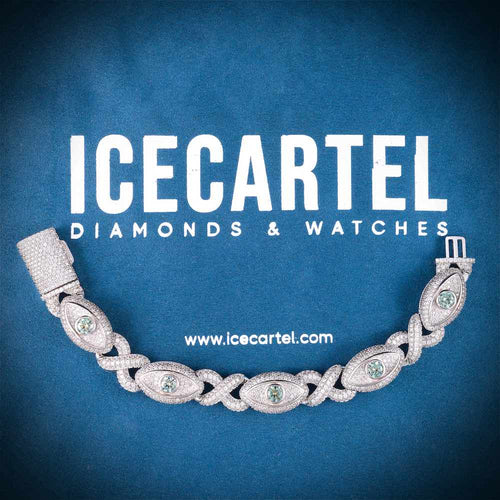 15MM Iced Out Blue Gemstone Evil Eye Eternity Bracelet 14K Gold Velvet