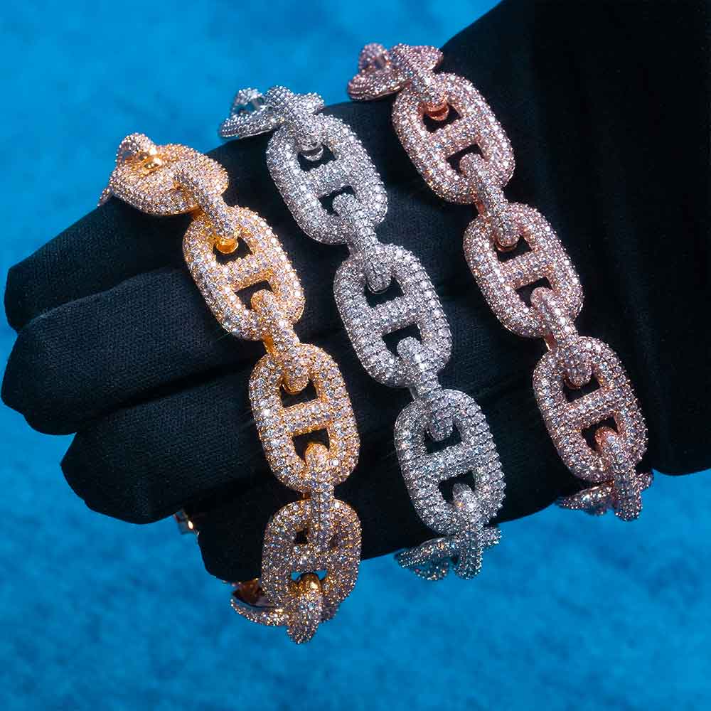 16MM Moissanite Mariner Link Bracelet 14k gold in hand