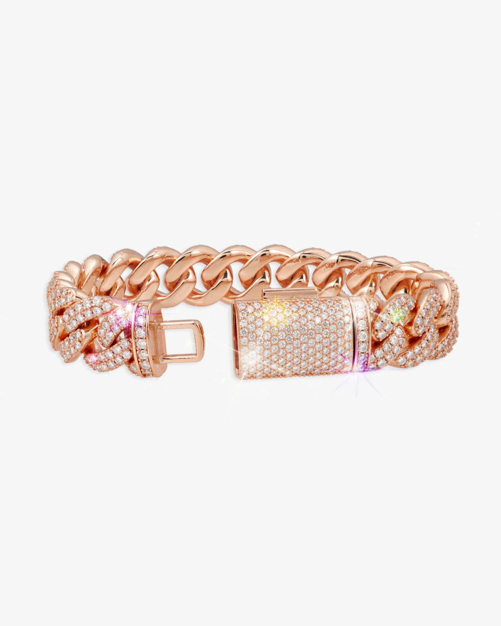 15MM 2-Row Iced Out Miami Cuban Link Bracelet 14K Gold - Rose Gold