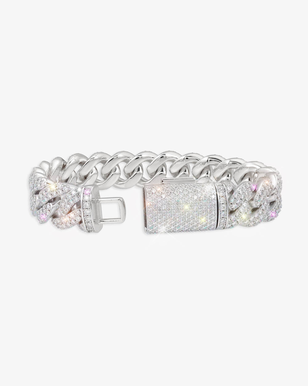 15MM 2-Row Iced Out Miami Cuban Link Bracelet 14K Gold - White Gold