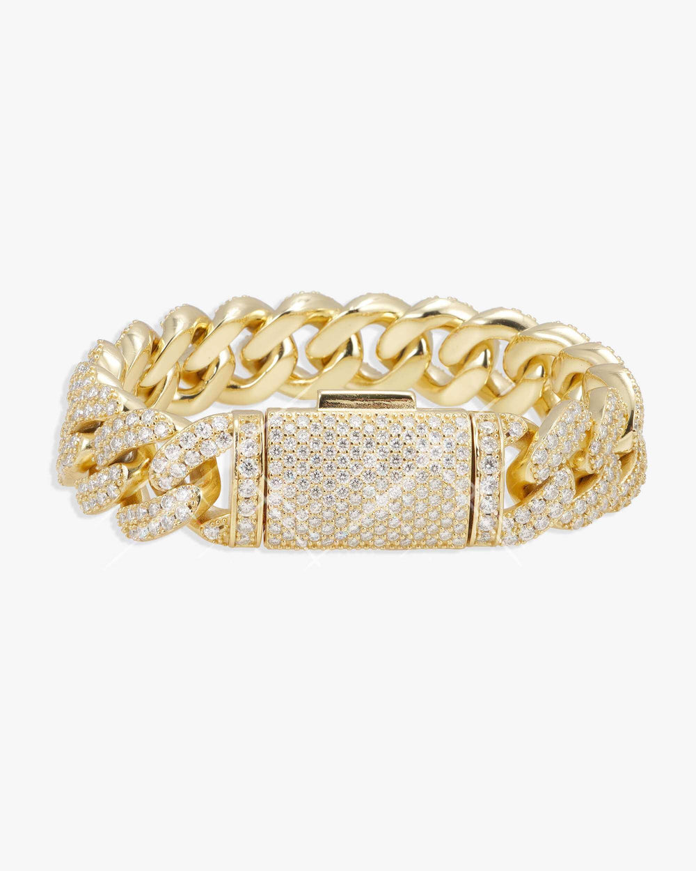 15MM 2-Row Iced Out Miami Cuban Link Bracelet 14K Gold - Yellow Gold