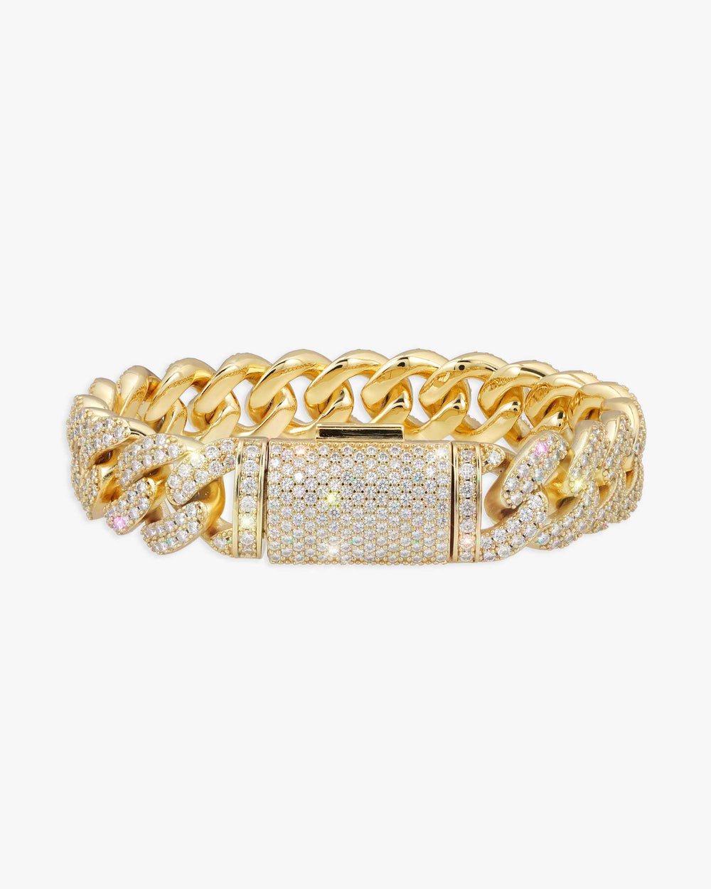 15MM 2-Row Iced Out Miami Cuban Link Bracelet 14K Gold - Yellow Gold