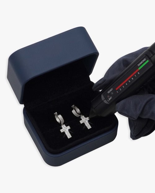 2 row moissanite cross earrings 14k gold icecartel box