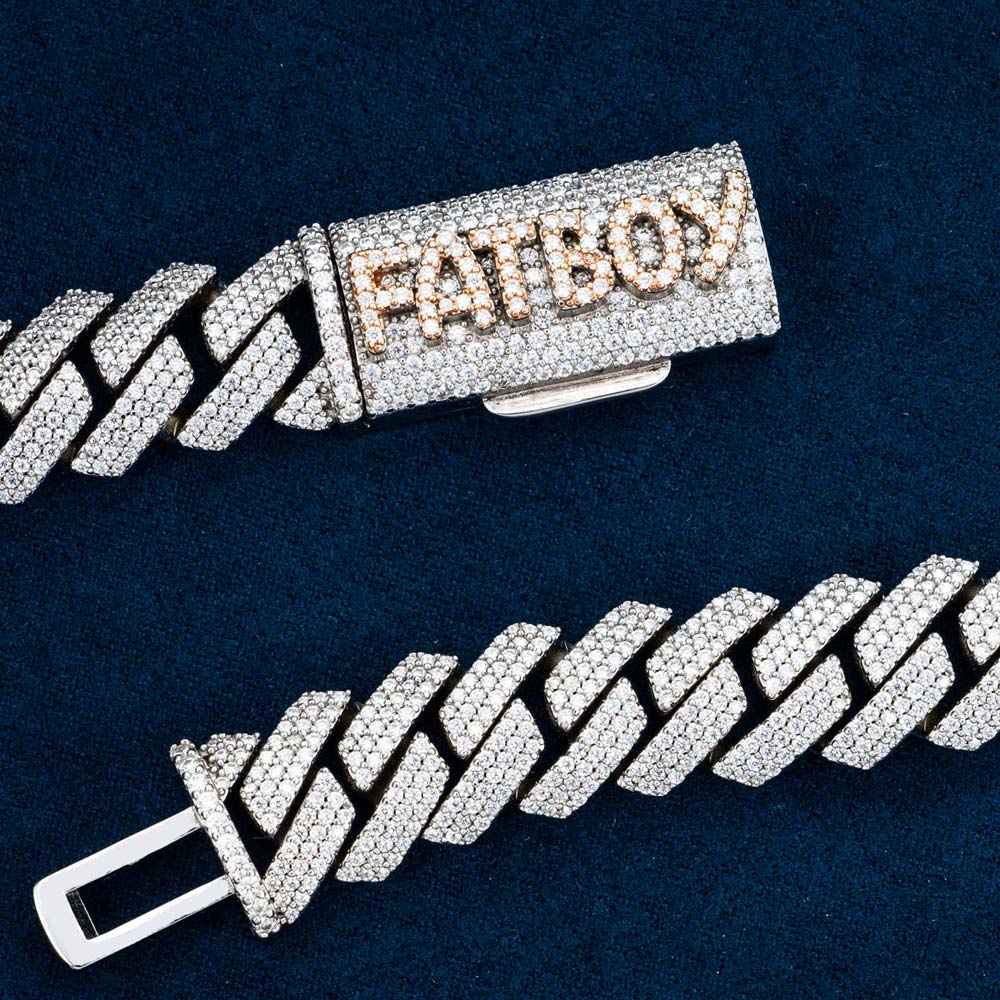3 Row 15MM moissanite cuban link chain 14k white gold custom letters on a clasp