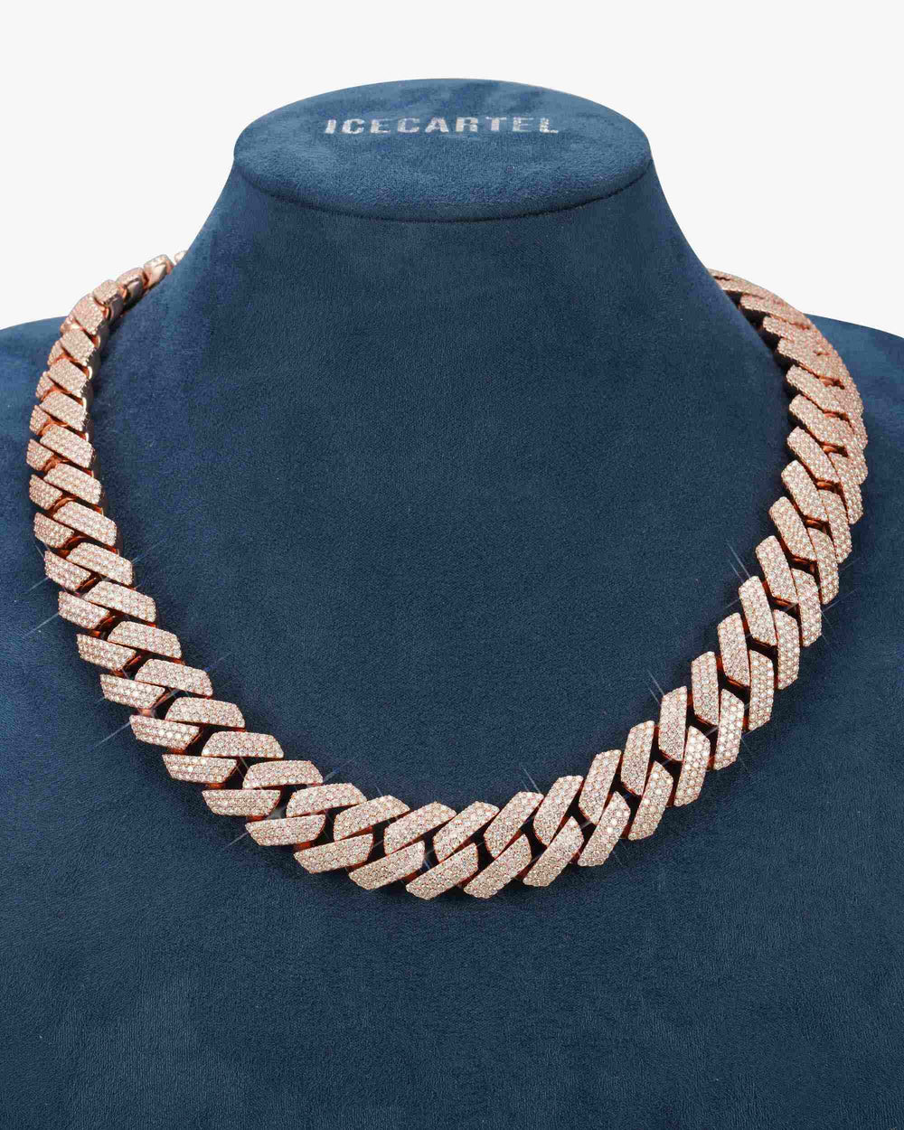 3 Row 20MM Prong Moissanite Cuban Link Chain 14K Gold - Rose Gold