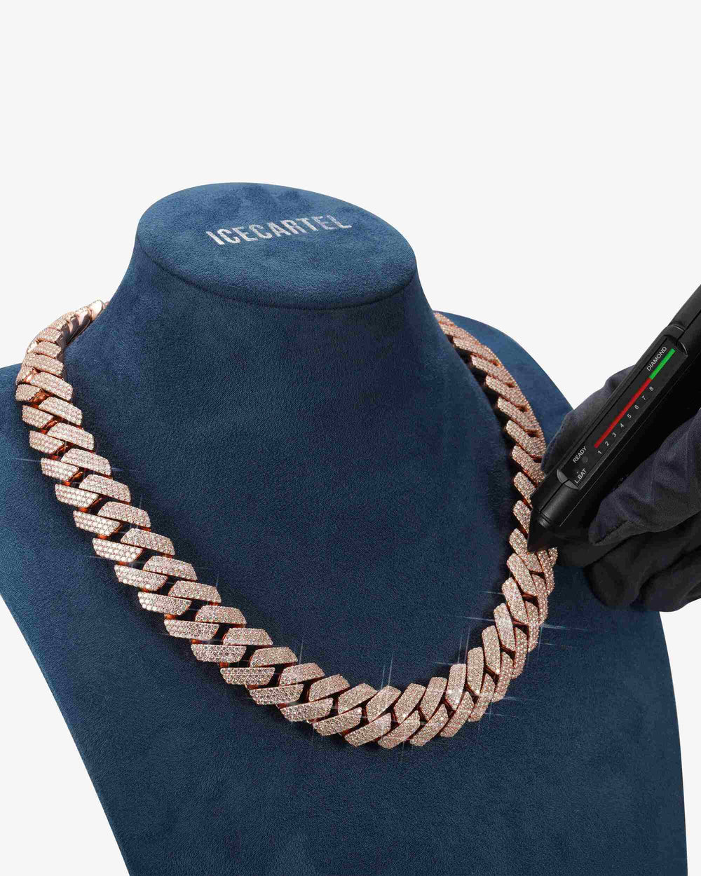 3 Row 20MM Prong Moissanite Cuban Link Chain 14K Gold - Rose Gold