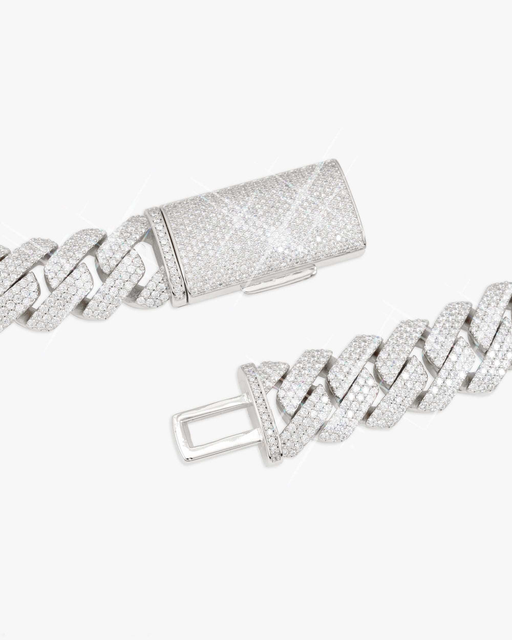 3 Row 20MM Prong Moissanite Cuban Link Chain 14K Gold - White Gold