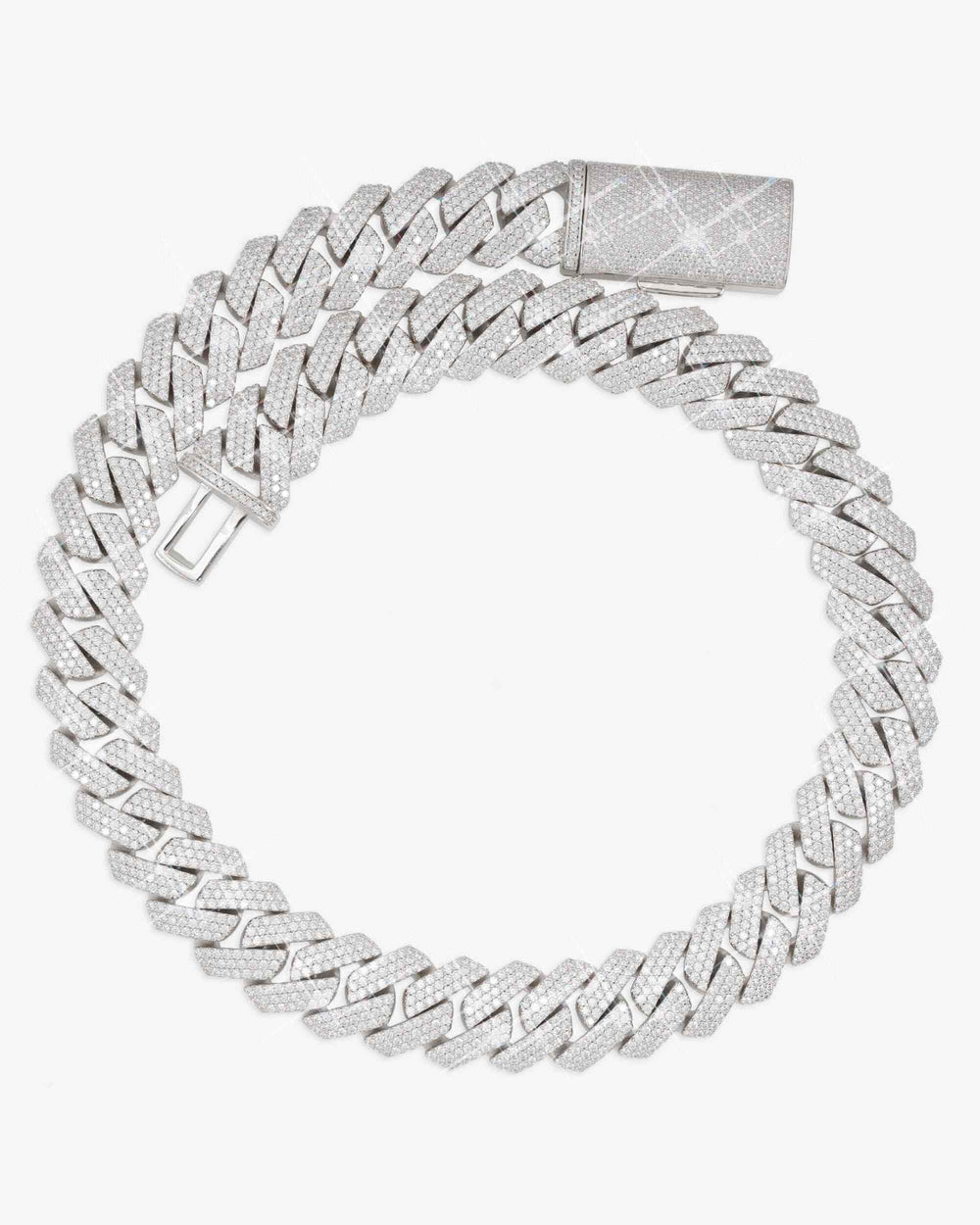 3 Row 20MM Prong Moissanite Cuban Link Chain 14K Gold - White Gold