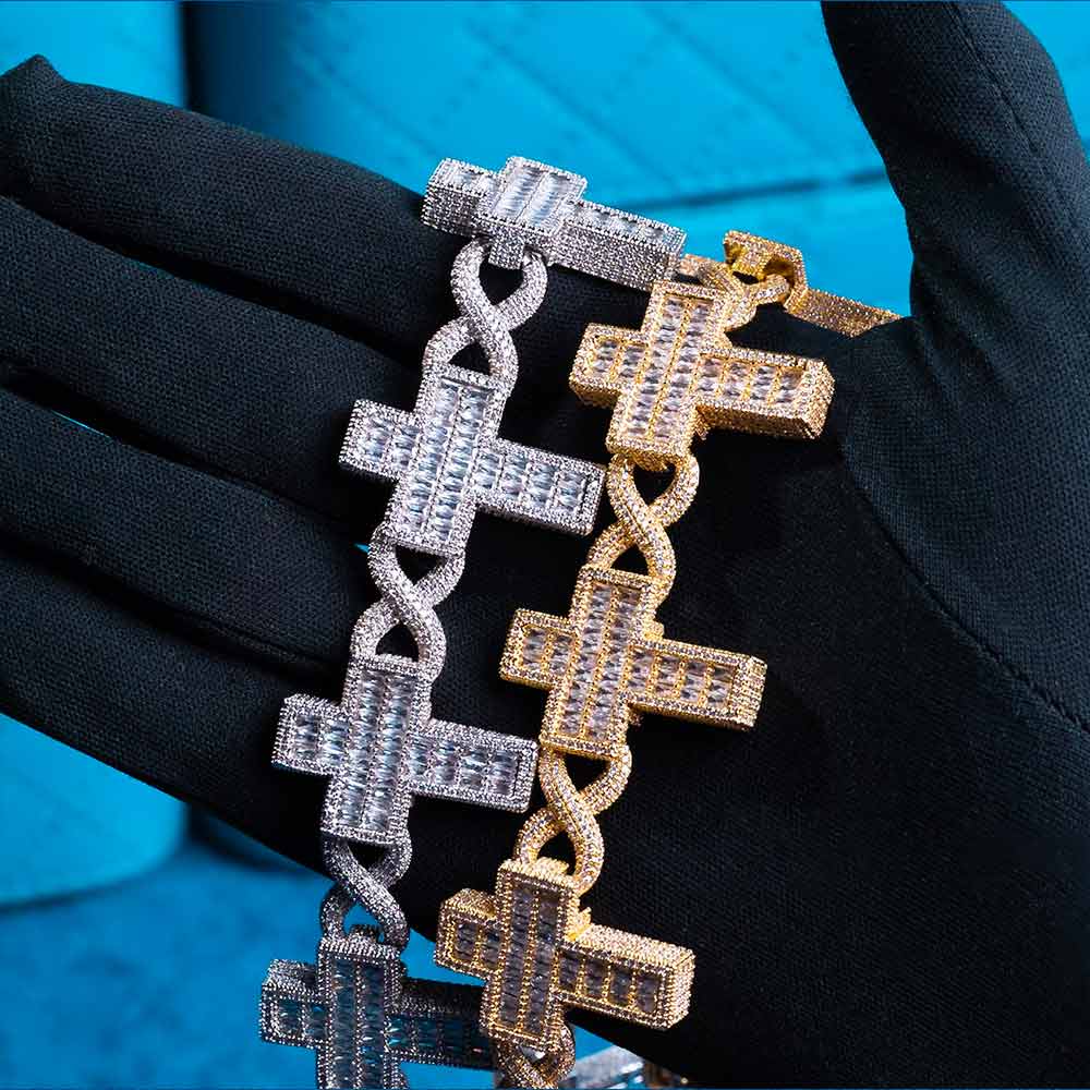 30mm moissanite cross link bracelet in hand