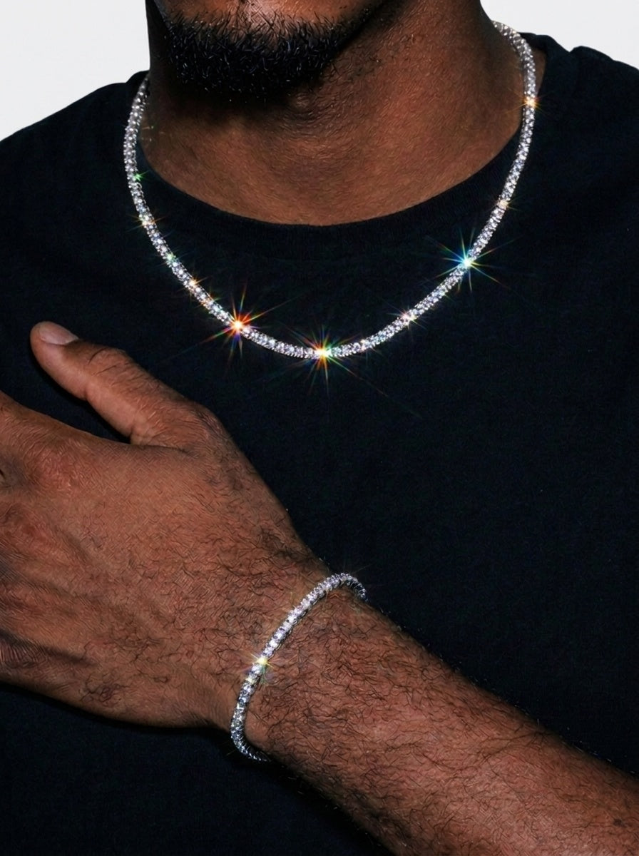 3MM Moissanite Tennis Chain + FREE Tennis Bracelet - White Gold