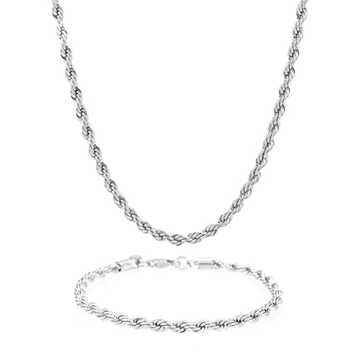 4MM Rope Chain and Bracelet Bundle Silver