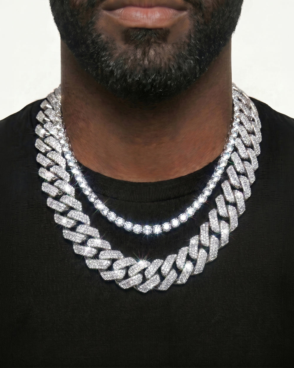White Gold Cuban Chain Set