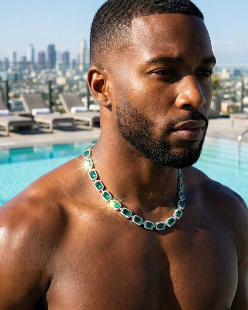 green baguette halo moissanite chain model lifestyle pool clean