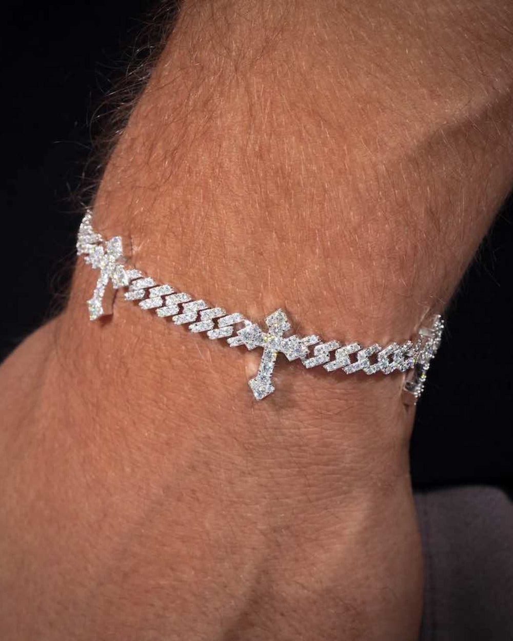 6MM Moissanite Cross Cuban Link Bracelet 14K Gold - White Gold