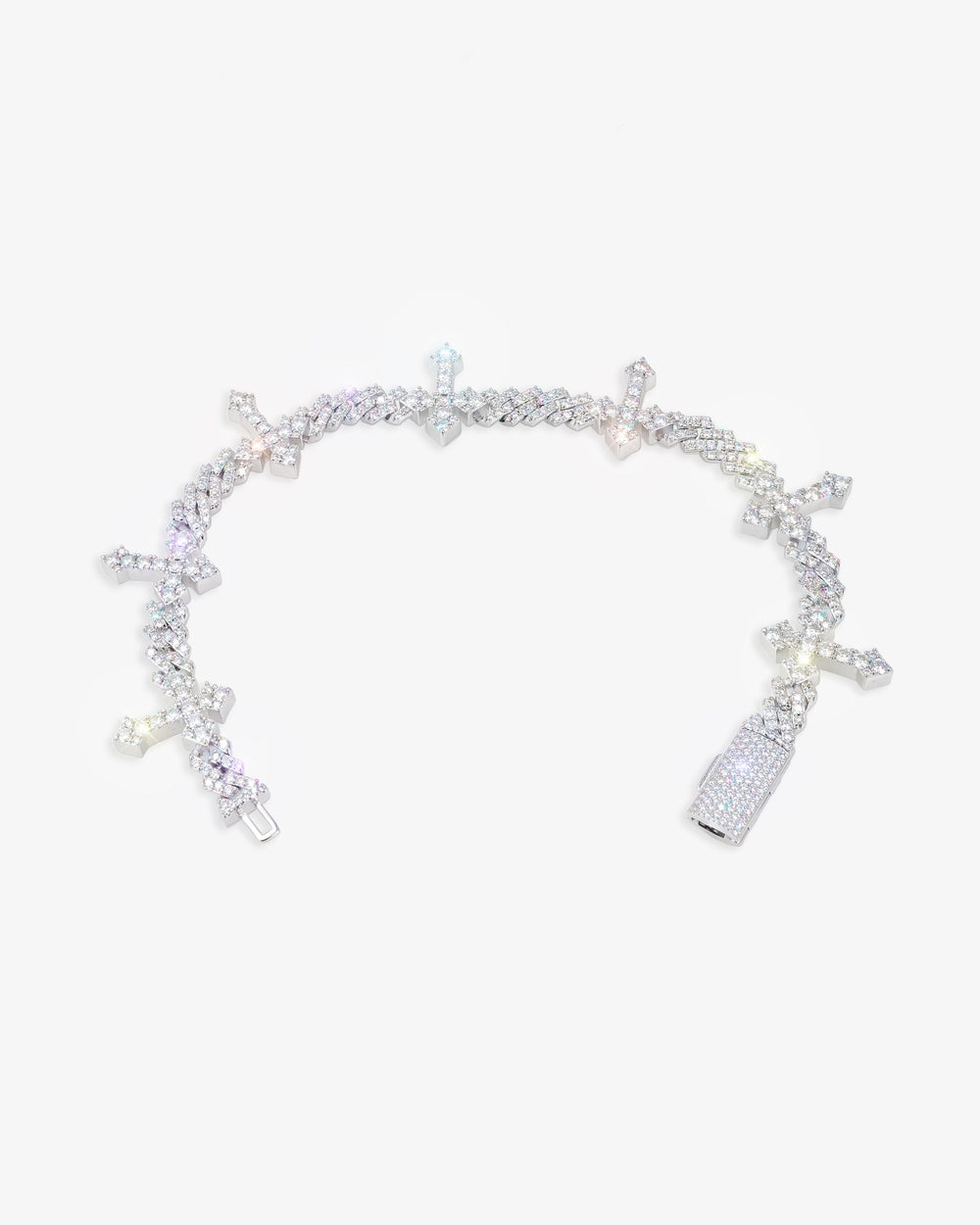 6MM Moissanite Cross Cuban Link Bracelet 14K Gold - White Gold