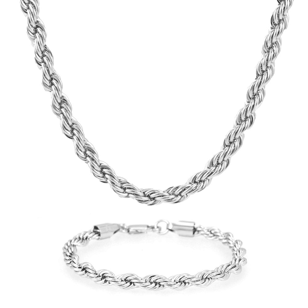 6MM Rope Chain and Bracelet Bundle Silver