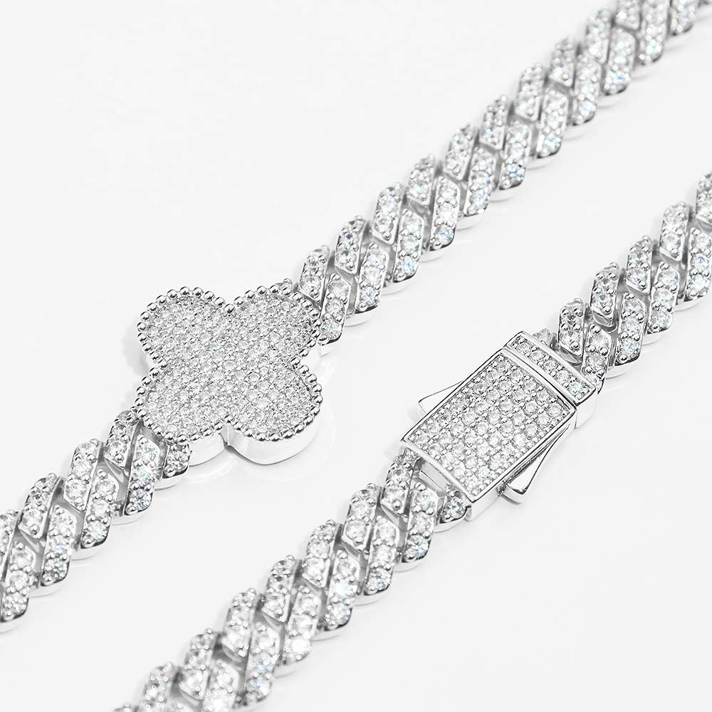 8mm four leaf cuban link chain white gold clasp