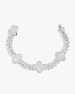 8MM Four Leaf Moissanite Cuban Link Bracelet 14K Gold - White Gold