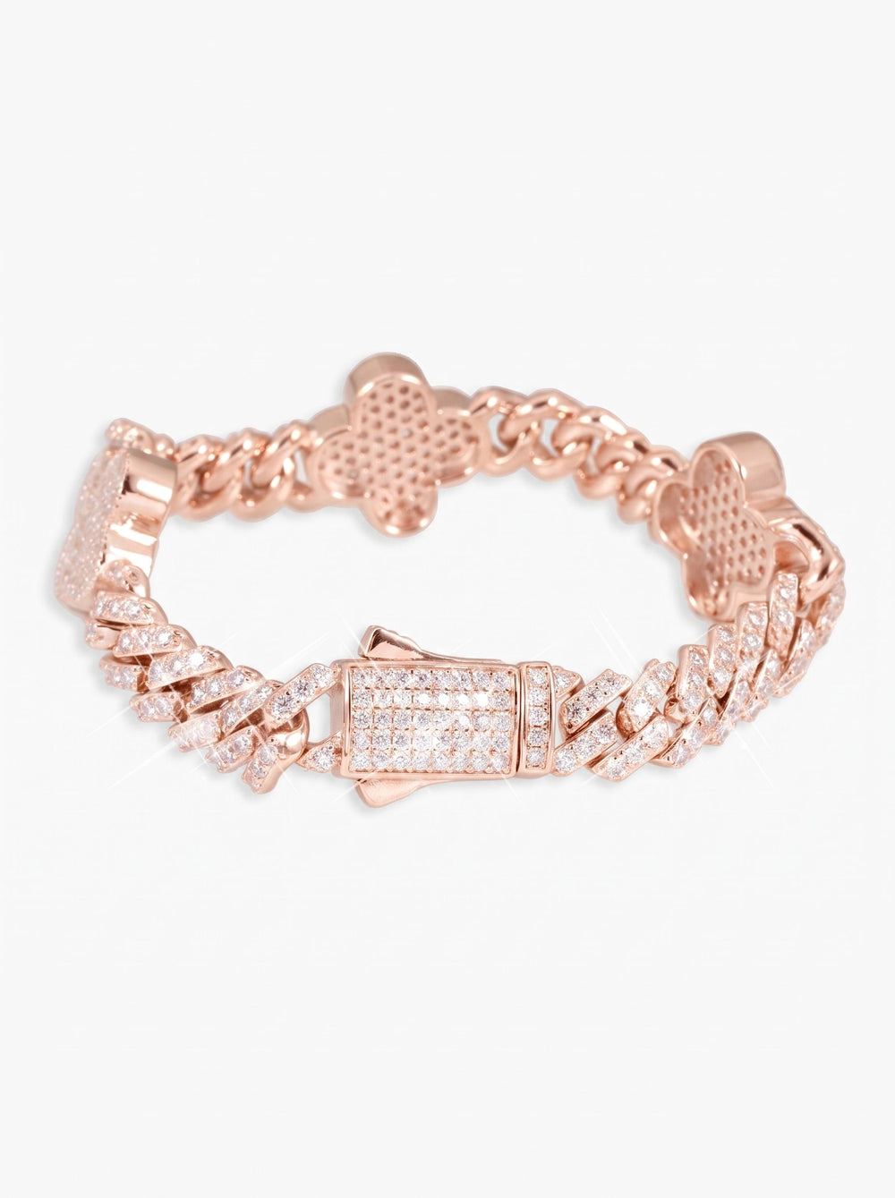 8MM Four Leaf Moissanite Cuban Link Bracelet 14K Gold - Rose Gold